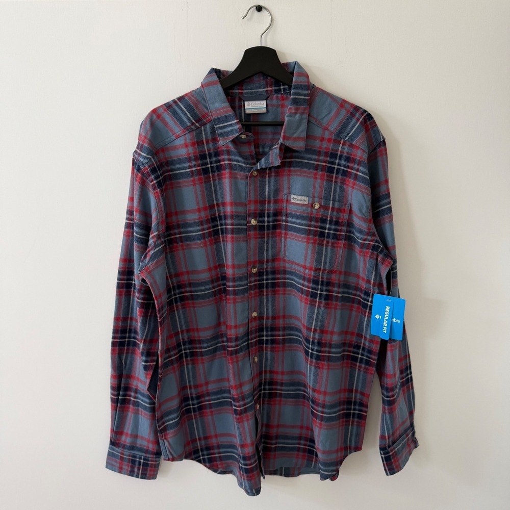 Columbia Cornell Woods Flannel Shirt Mens Large Blue Red Plaid AM1523 NWT